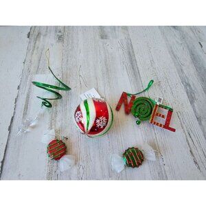 Green red glitter ornament Noel‎ spiral candy set Xmas ball red green lot